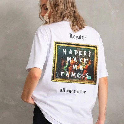 Kadın ön ve arka Baskılı Oversize Kısa kol  T-Shirt - Beyaz